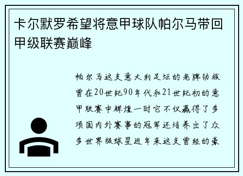 卡尔默罗希望将意甲球队帕尔马带回甲级联赛巅峰
