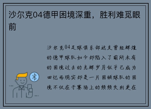 沙尔克04德甲困境深重，胜利难觅眼前