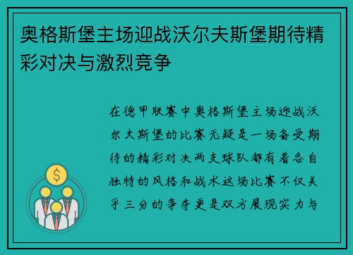奥格斯堡主场迎战沃尔夫斯堡期待精彩对决与激烈竞争